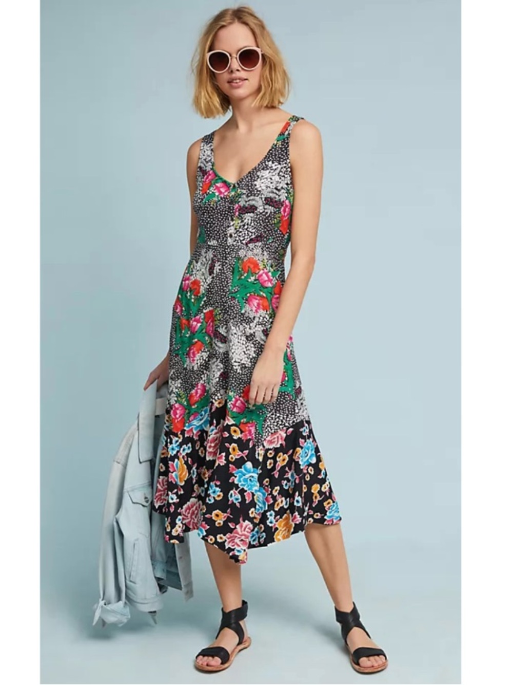 Anthropologie Maeve Violette Mixed Floral Sleeveless A-Line Midi Dress Black 0